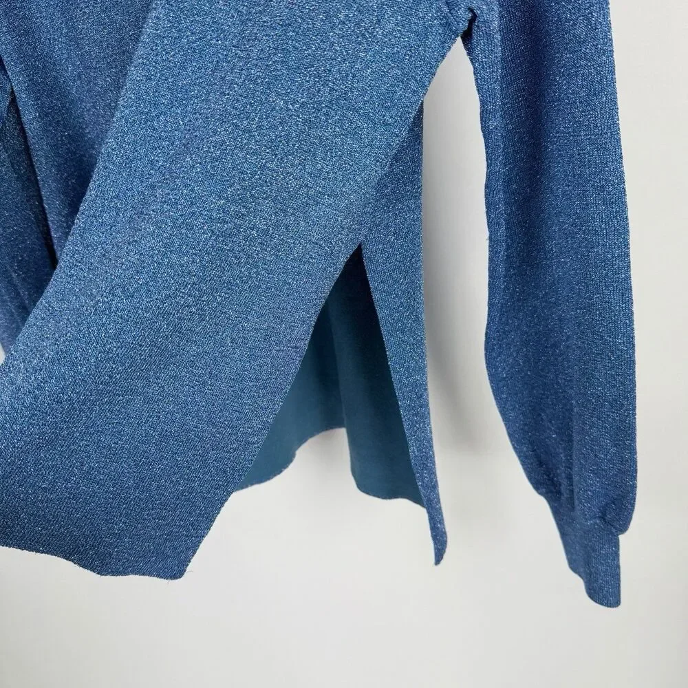 J.CREW Crew Neck Raglan Sweater Womens M Blue Metallic Shimmer Side Slit Preppy